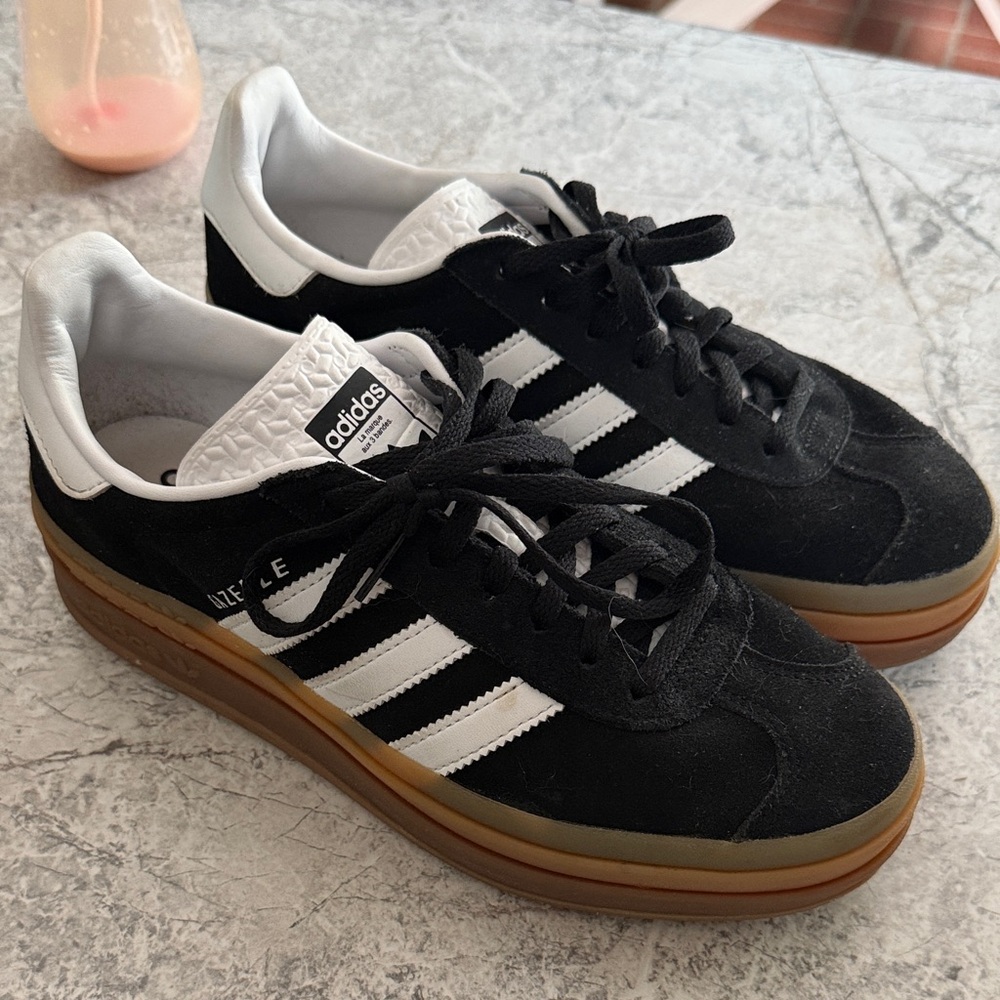adidas platflorn Black Suede Sneakers with White Stripes and Gum Sole